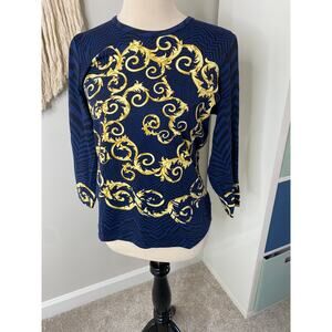 J. McLaughlin Blue Gold Catalina Cloth Spiral 3/4 Sleeves Top Shirt Blouse Med